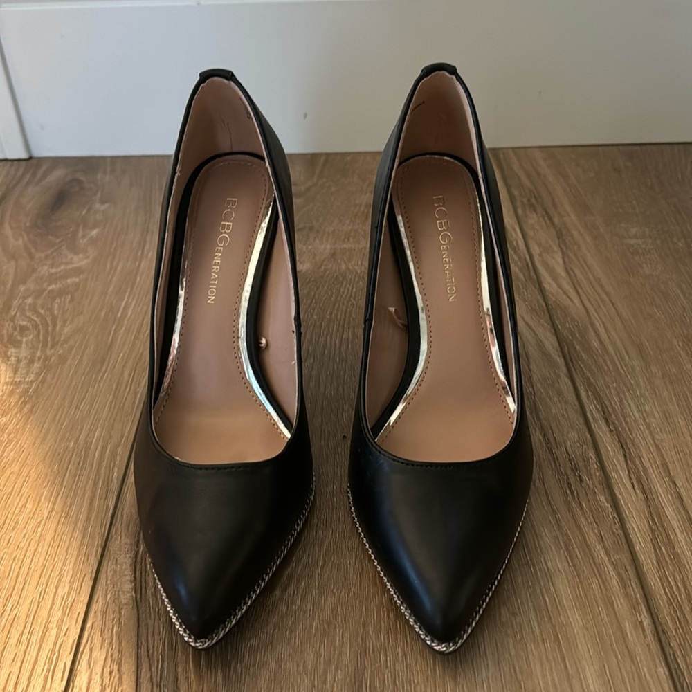 Black BCBG heels with silver chain detail